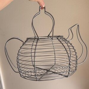 Decorative Wire Teapot Fruit / Egg Basket - Silver Metal 9” x 13”